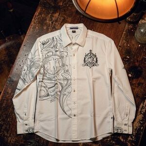 Artful Dodger long-sleeved white cotton button-down shirt with black embroidery